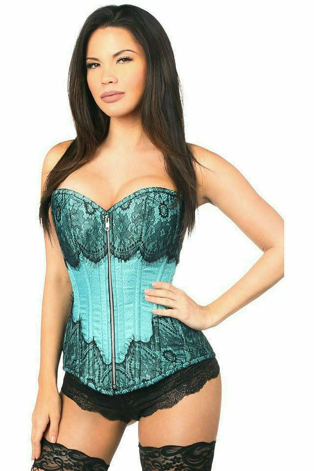 Woman wearing Deluxe Teal Brocade Steel Boned Corset with Black Eyelash Lace, featuring front metal zipper and spiral steel bones for a snug fit.