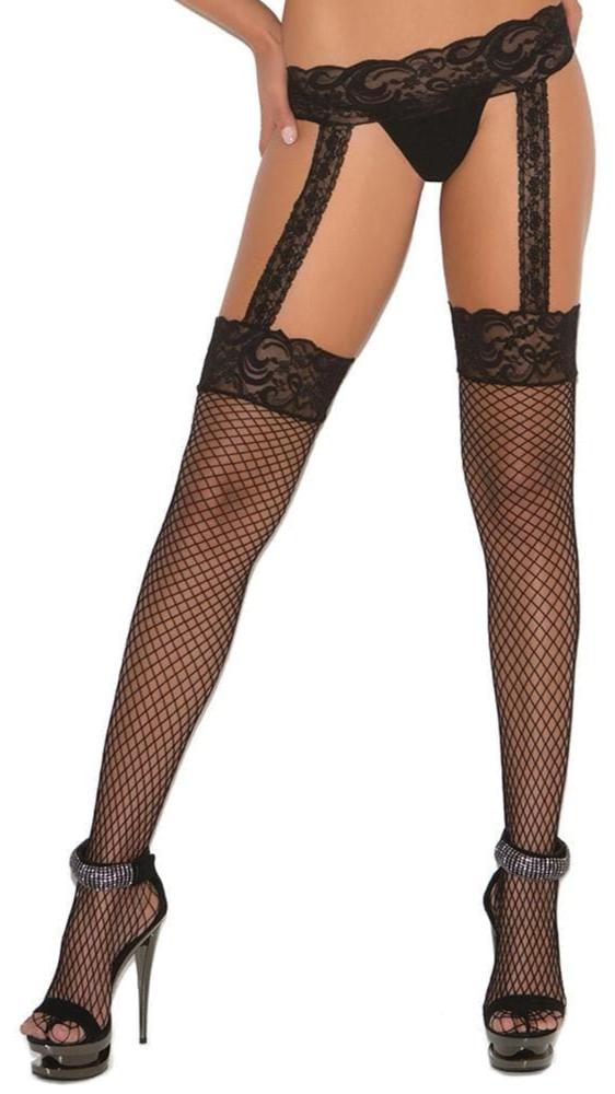 Diamond Net Garterbelt Stockings on model, showcasing lace top, integrated garter belt, and diamond net fabric. High heels visible, top and panties not included.