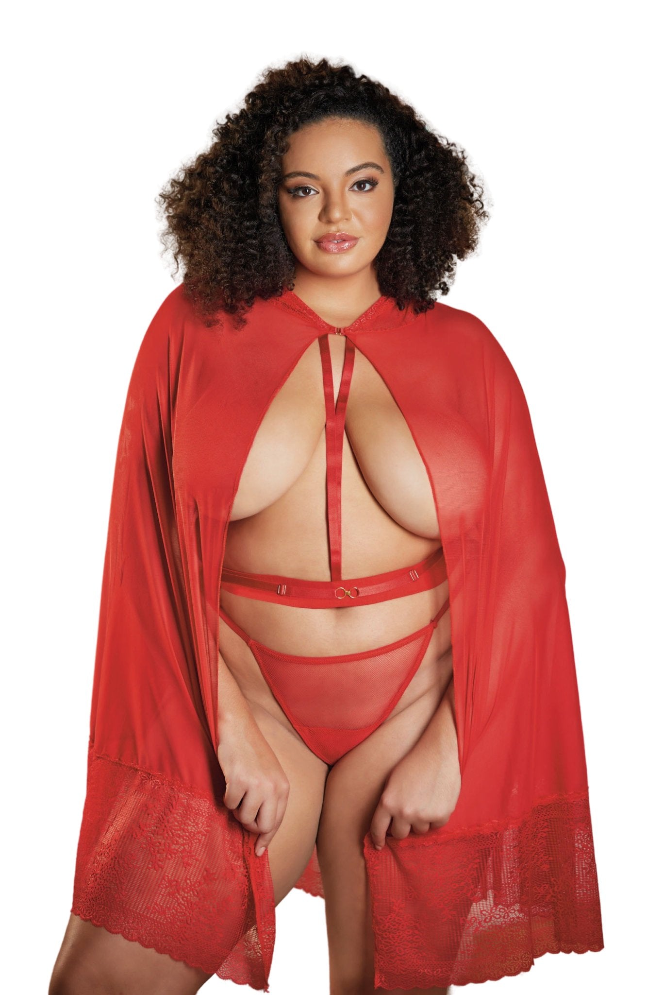 Elegant Plus Size Lace Cape with Mesh Detailing & Waist Belt, worn by a woman, highlighted with sheer mesh at the neck and a waist-cinching belt.
