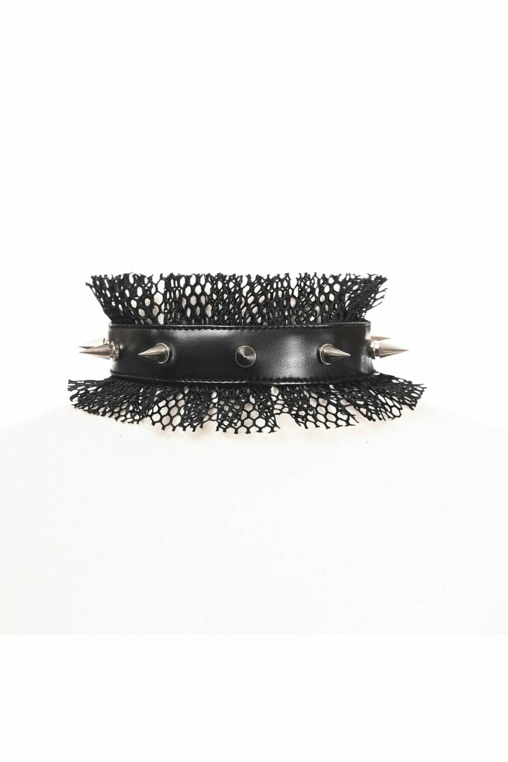 Fancy Black Fishnet Spike Choker featuring spikes and a simple ribbon tie closure, ideal for adding edgy accents to costumes and lingerie.