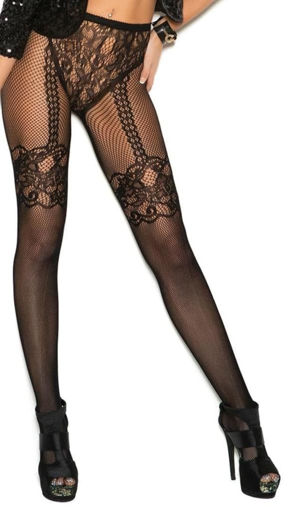 Fishnet Floral Pantyhose worn by a woman, showcasing the intricate lace crochet and garter design, complemented by high-heeled shoes for a sophisticated look.