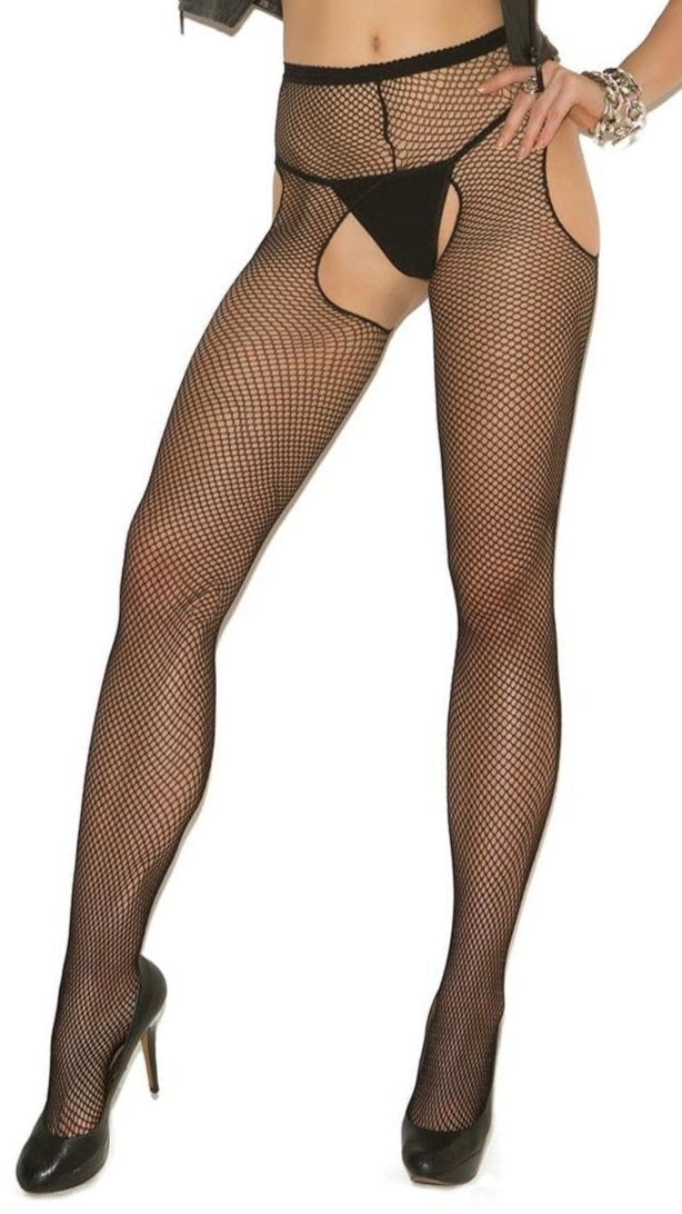 Woman modeling Fishnet Suspender Pantyhose, showcasing the black fishnet design, paired with a vest and leather jacket, emphasizing a fashionable, attention-grabbing look.