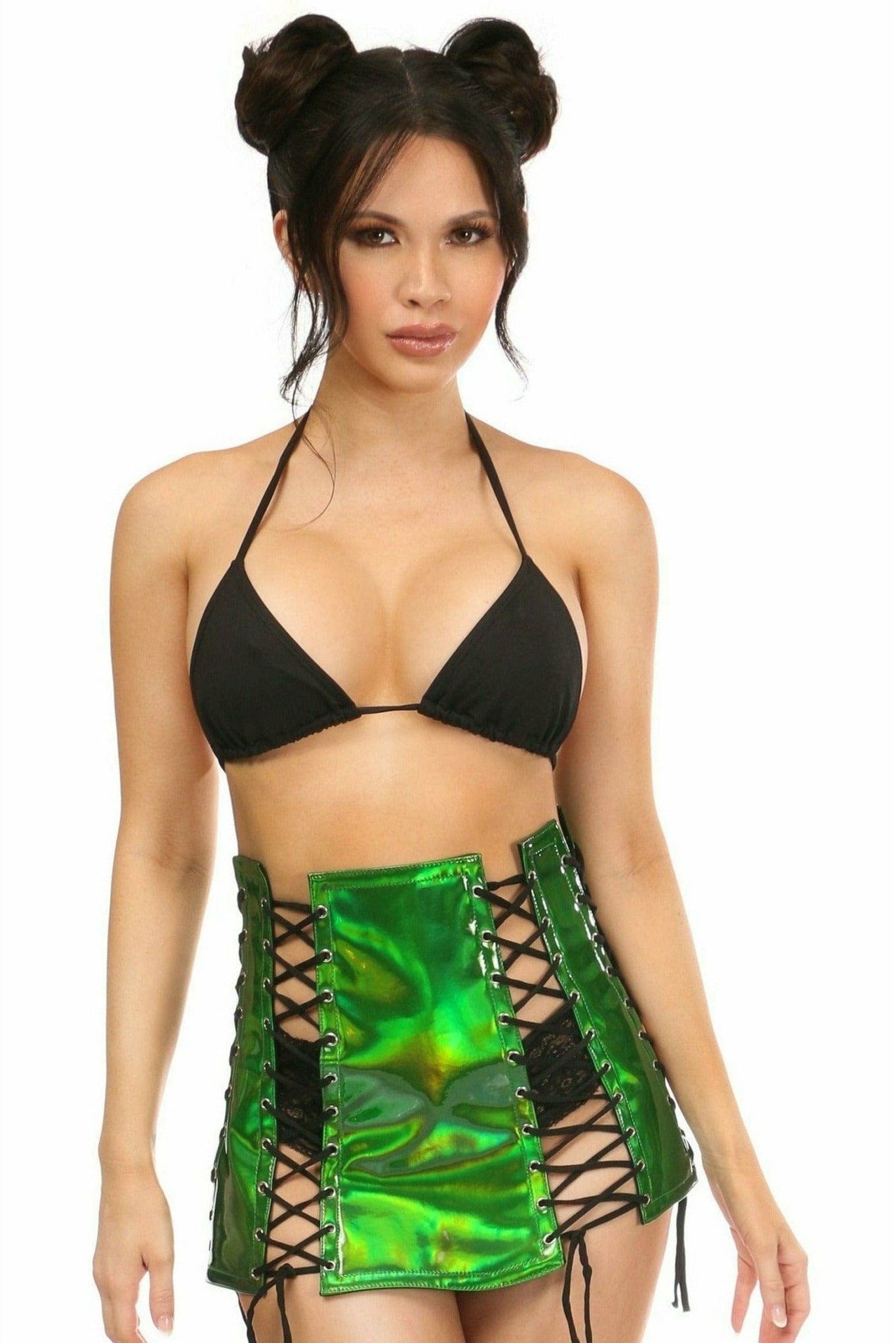 Woman models a Green Hologram Lace-Up Skirt with a bodycon fit and lace-up detail, perfect for clubbing or a stylish night in.