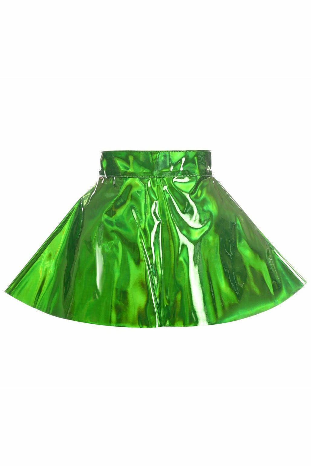 Green Hologram Skater Skirt with a shiny finish, flared design, and zipper back closure, perfect for festival outfits.