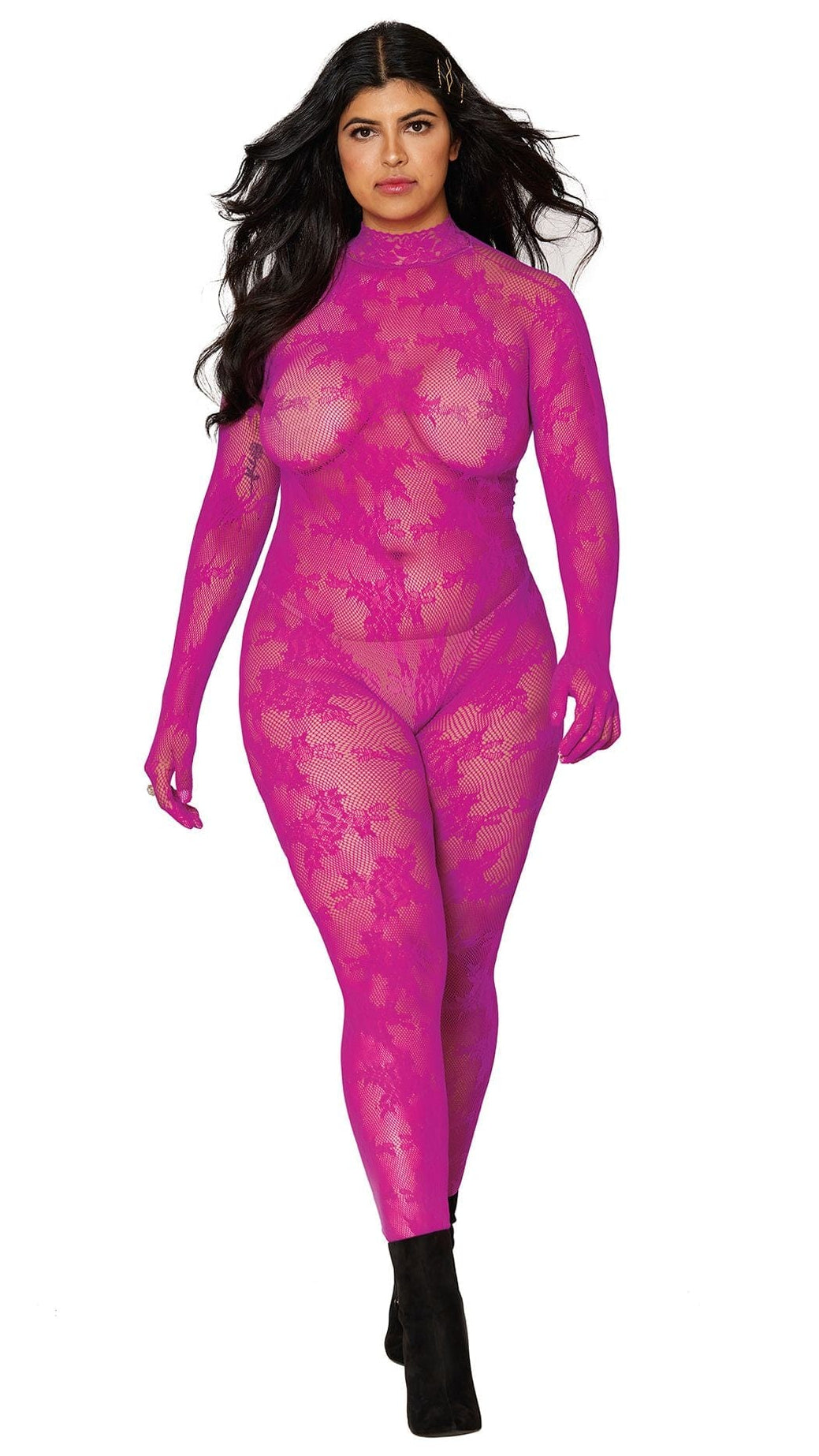 Hot Pink Lace Long Sleeve Bodystocking with Attached Gloves Musotica.com