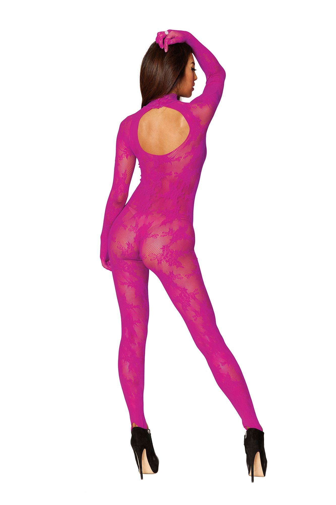 Hot Pink Lace Long Sleeve Bodystocking with Attached Gloves Musotica.com