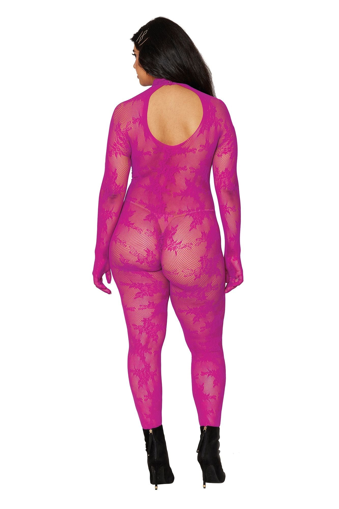 Hot Pink Lace Long Sleeve Bodystocking with Attached Gloves Musotica.com