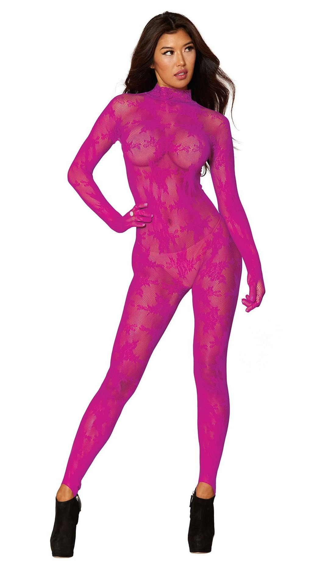 Woman wearing Hot Pink Lace Long Sleeve Bodystocking with Attached Gloves, featuring floral lace and foot openings, standing confidently.