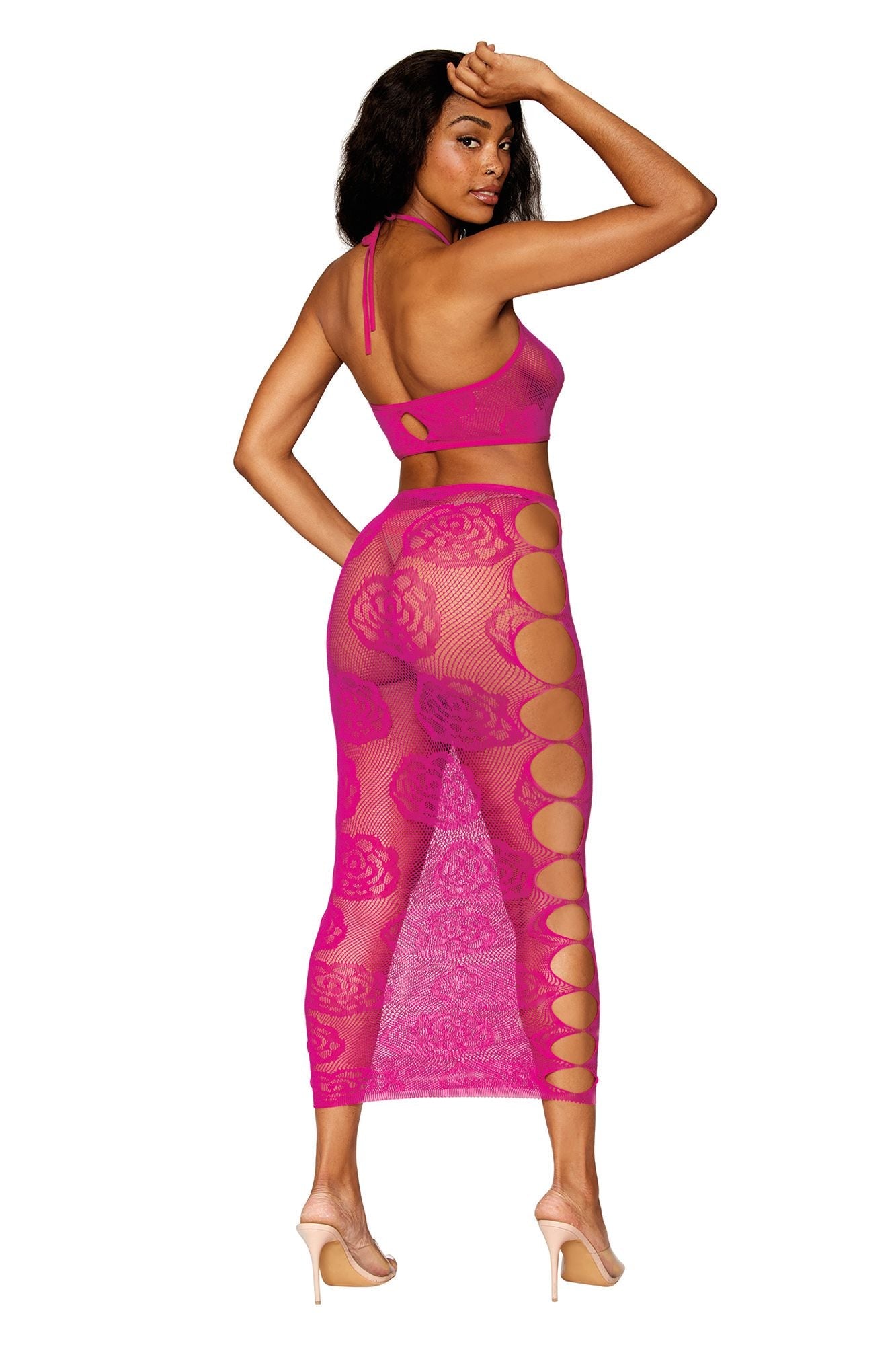 Hot Pink Mesh Crop Top and Skirt Set Musotica.com