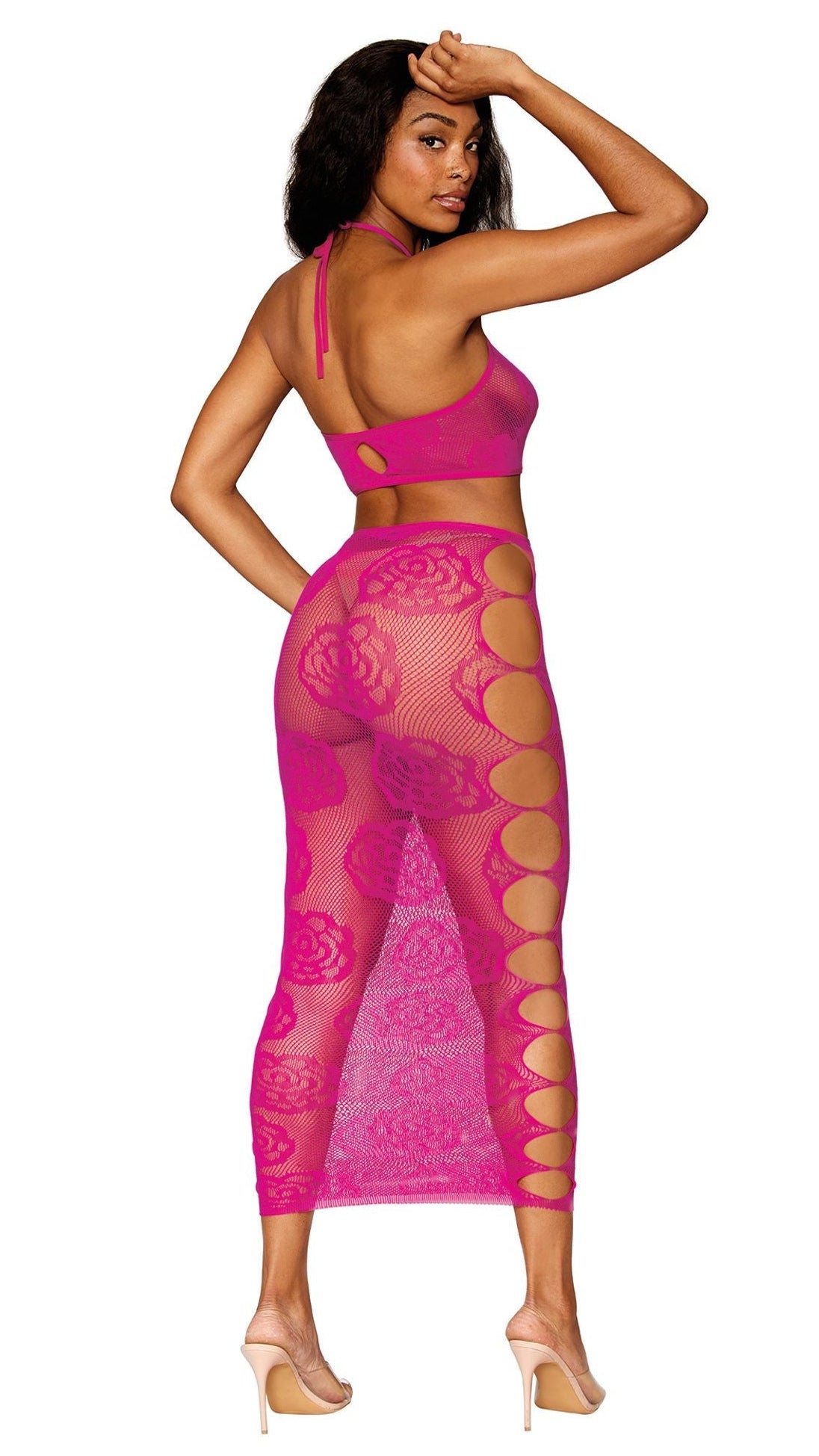Hot Pink Mesh Crop Top and Skirt Set Musotica.com