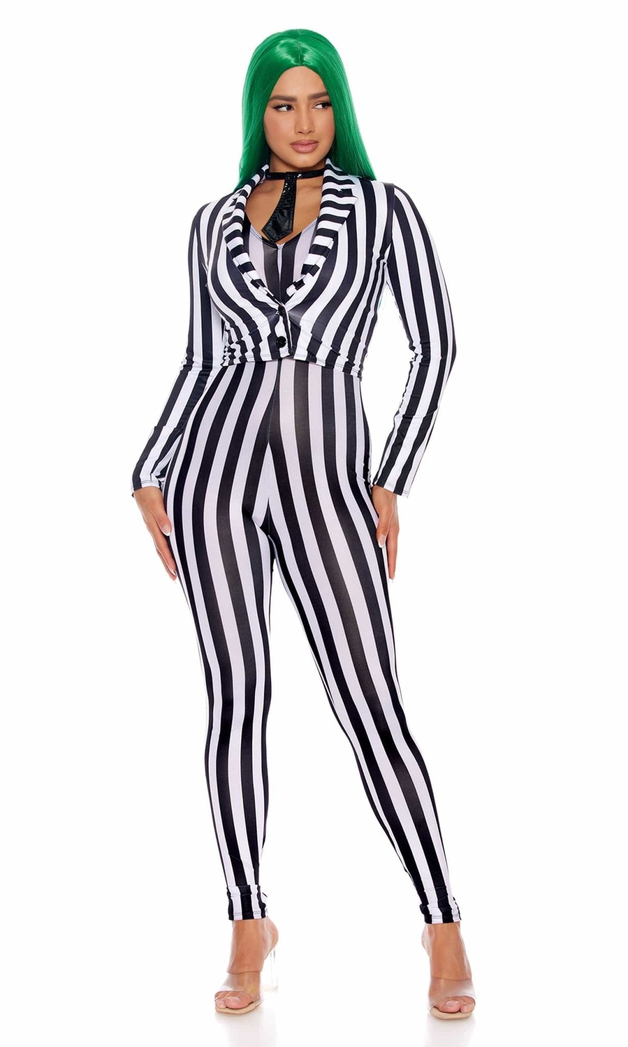 Woman in striped jumpsuit with cropped blazer and vinyl tie choker, showcasing the It's All About the Juice Halloween Costume.