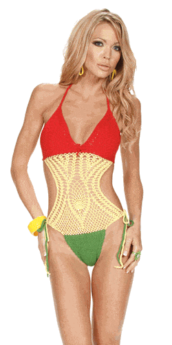 Woman modeling the Jamaican Leaf Crochet One Piece, showcasing its cut-out front, open back, and handmade crochet pattern, emphasizing its unique design.