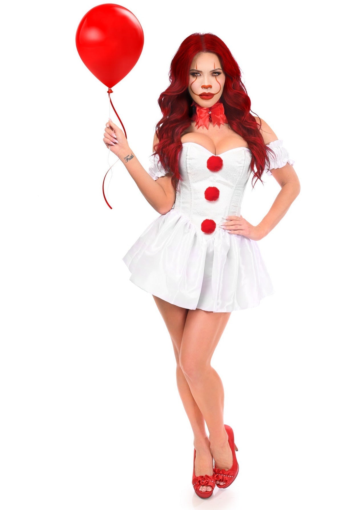 Woman in Killer Clown Couture 3 Piece Top Drawer Costume, holding a red balloon, wearing a steel boned corset dress with brocade bodice and taffeta skirt.