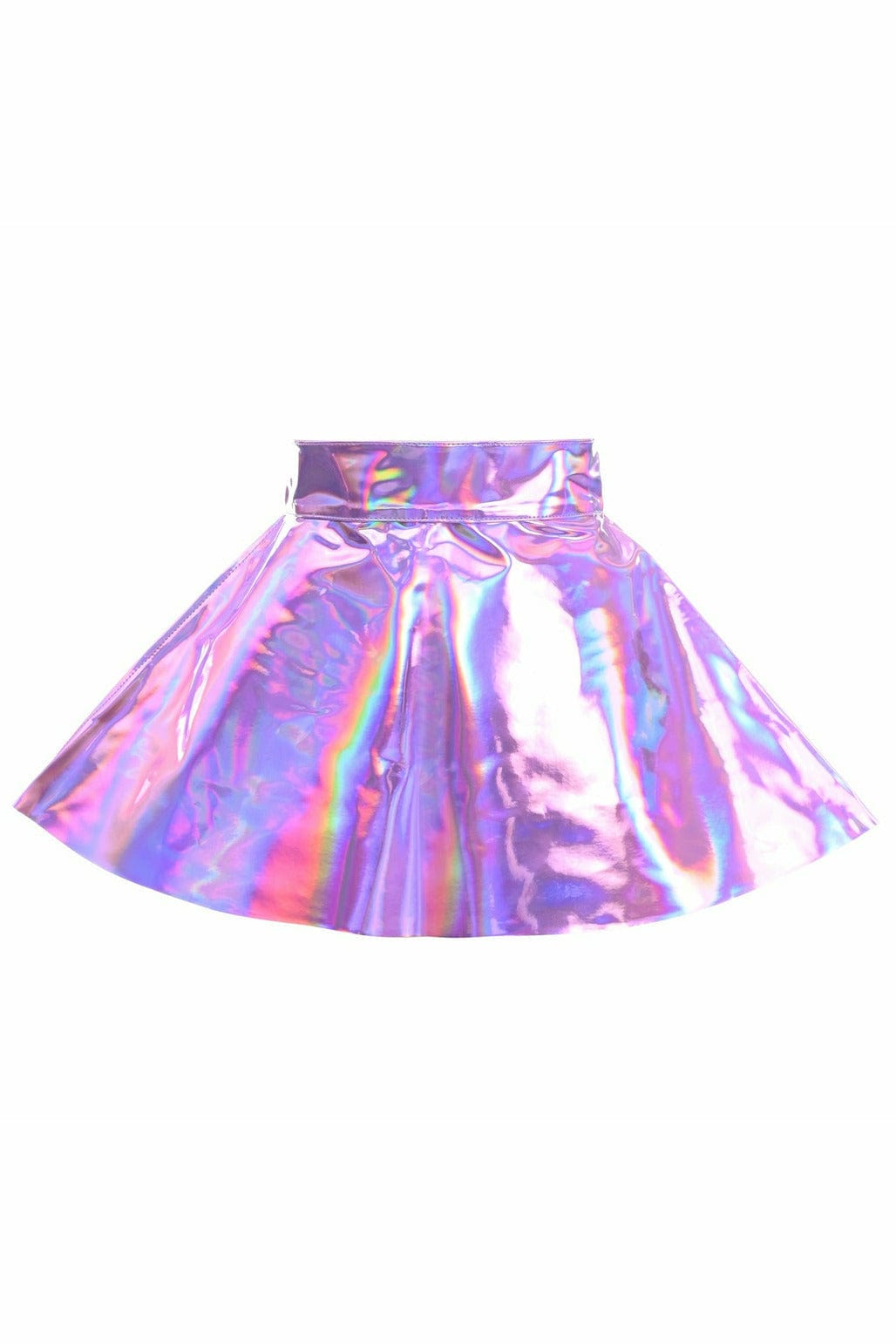 Lavender Hologram Skater Skirt with a shiny pink and purple finish, featuring a zipper back closure and snap waistband. Ideal for club or festival fashion.