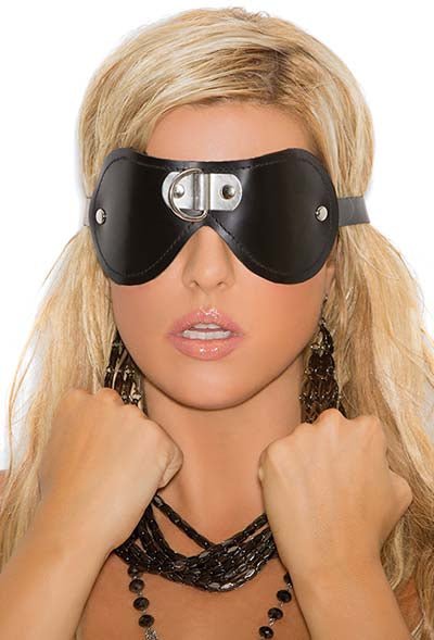 Woman wearing Leather Blindfold with 'D' Ring, highlighting its stylish design as a fashionable accessory, adding mystery and sophistication to her look.