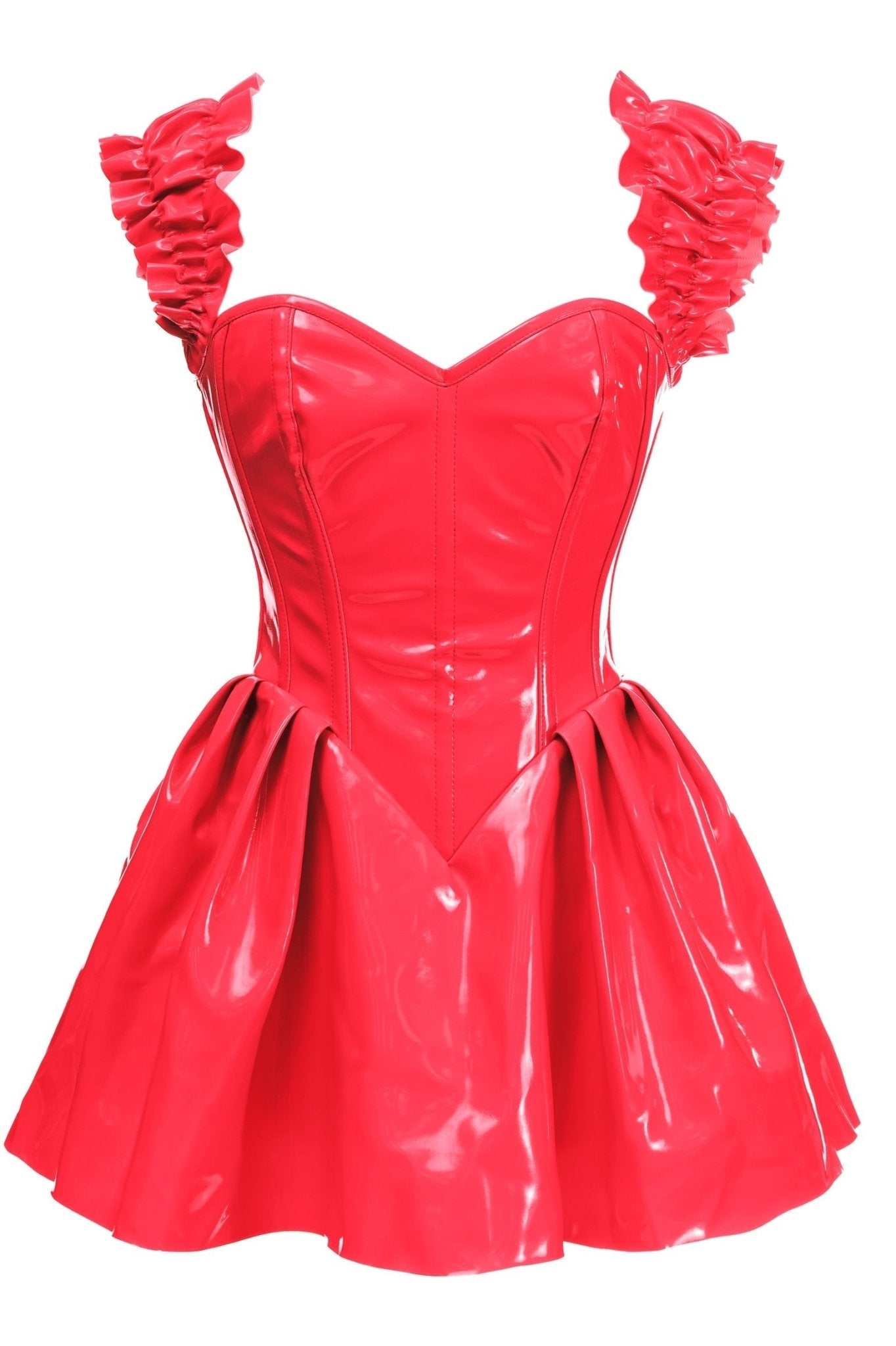 Luxurious Steel-Boned Glossy Red Vinyl Corset Dress featuring ruffles, sweetheart neckline, and lace-up back for a structured, romantic holiday look.
