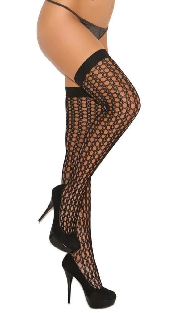 Woman in black Lycra Crochet Thigh High Stockings, paired with leather vest, showcasing elegant style with high heels, perfect for clubbing or festivals.