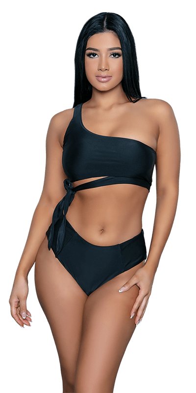 Off Shoulder High Waisted Two Piece Swimsuit with asymmetrical tie-waist top, shown on model highlighting a slimming fit and elegant off-shoulder design.