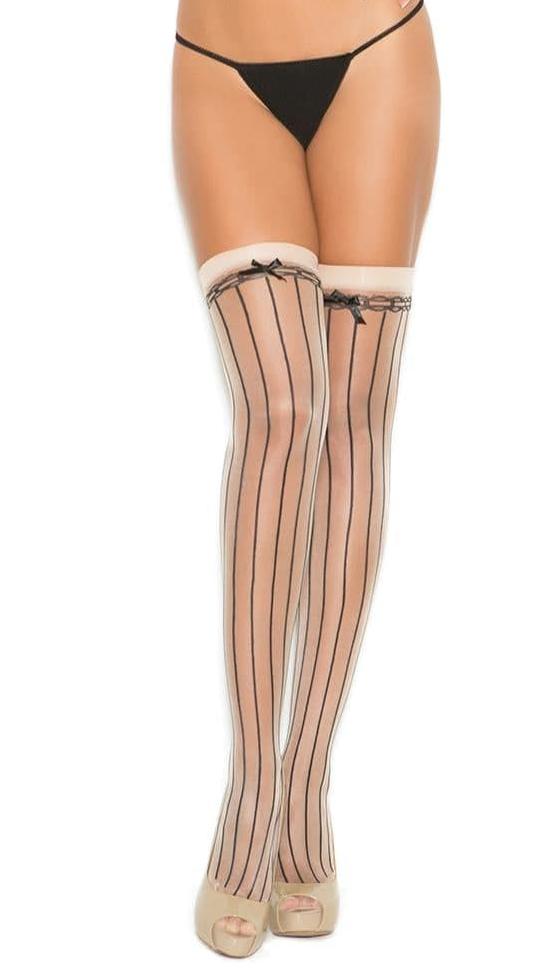 Woman modeling Sexy Pin Striped Thigh High Stockings with Bow, showcasing pinstriped pattern and satin bow. Top and G-string not included.