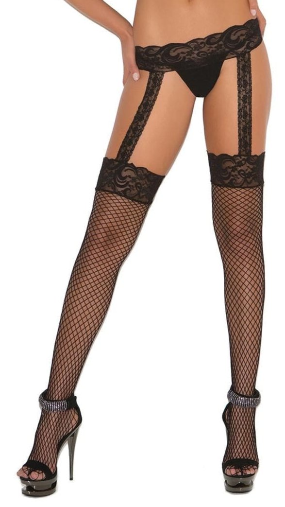 Woman modeling Plus Size Diamond Net Garterbelt Stockings, featuring diamond net pattern, lace top, and attached garter belt, designed for curvier bodies.