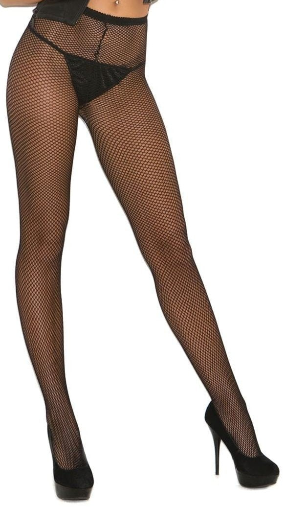 Woman modeling Plus Size Fishnet Pantyhose, showcasing a chic look with fishnet detailing, paired with a black leather vest. Top and accessories not included.