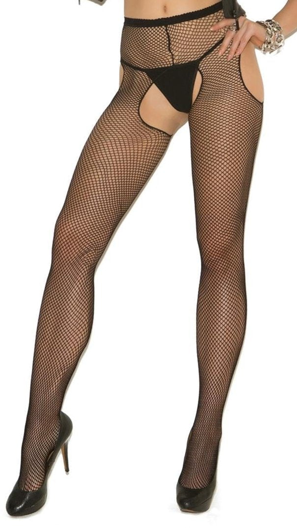 Plus Size Fishnet Suspender Pantyhose showcased by a model wearing a vest, highlighting the pantyhose's fit and style for plus-size curves.