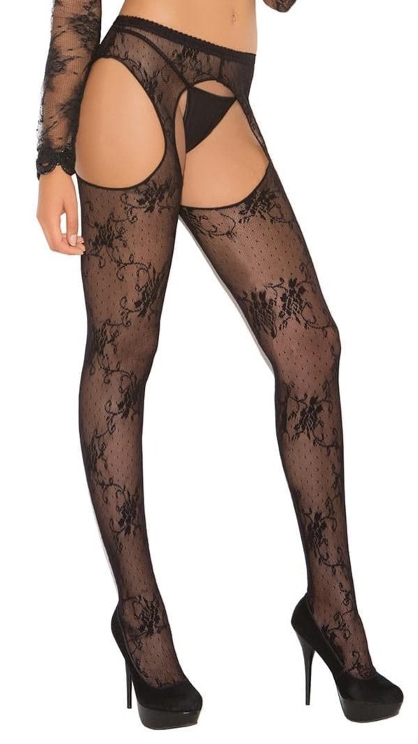 Plus Size Lace Suspender Pantyhose worn by a woman, featuring black lace detailing, providing a stylish and comfortable fit, paired with black high-heeled shoes.