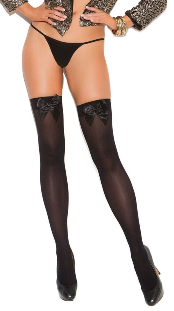 Plus Size Opaque Thigh Highs with Satin Bow showcased on a model, highlighting the black stockings and elegant satin bow detail for a chic, bold look.
