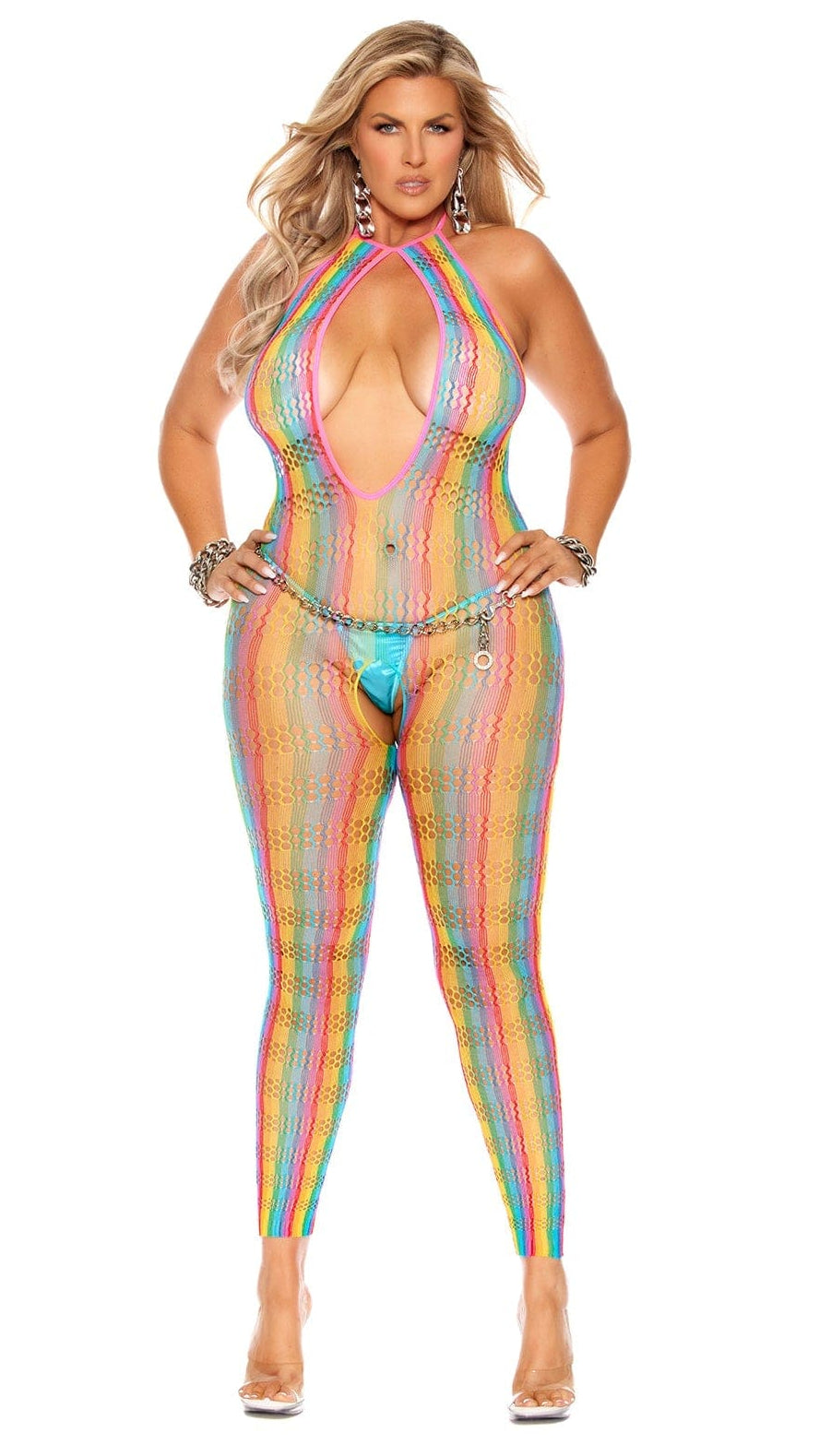 Woman in Plus Size Rainbow Crochet Bodystocking with Open Crotch Pattern, showcasing its net texture, styled for festivals or clubwear layering.