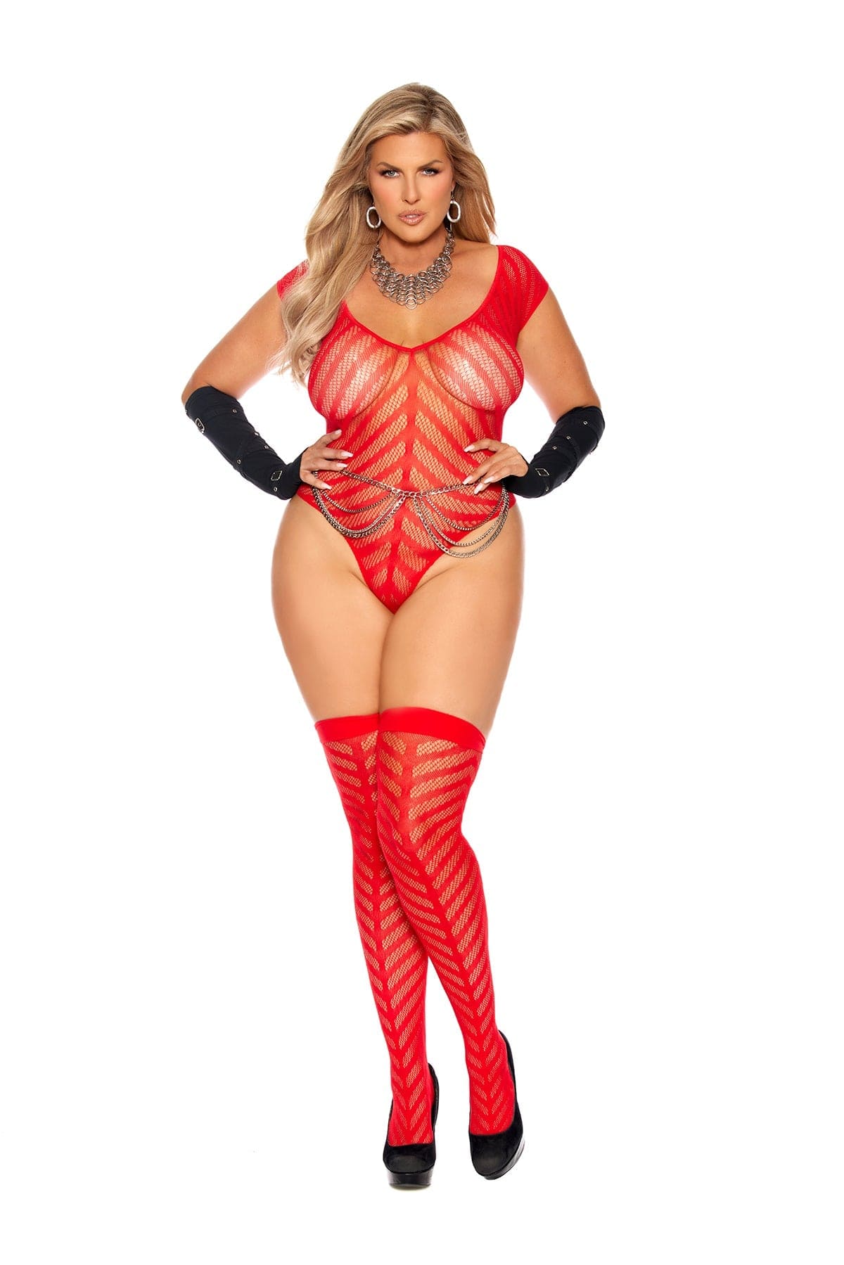 Woman in Plus Size Red Chevron Crochet Deep V Teddy with matching stockings, showcasing a flattering fit for curvy body types.