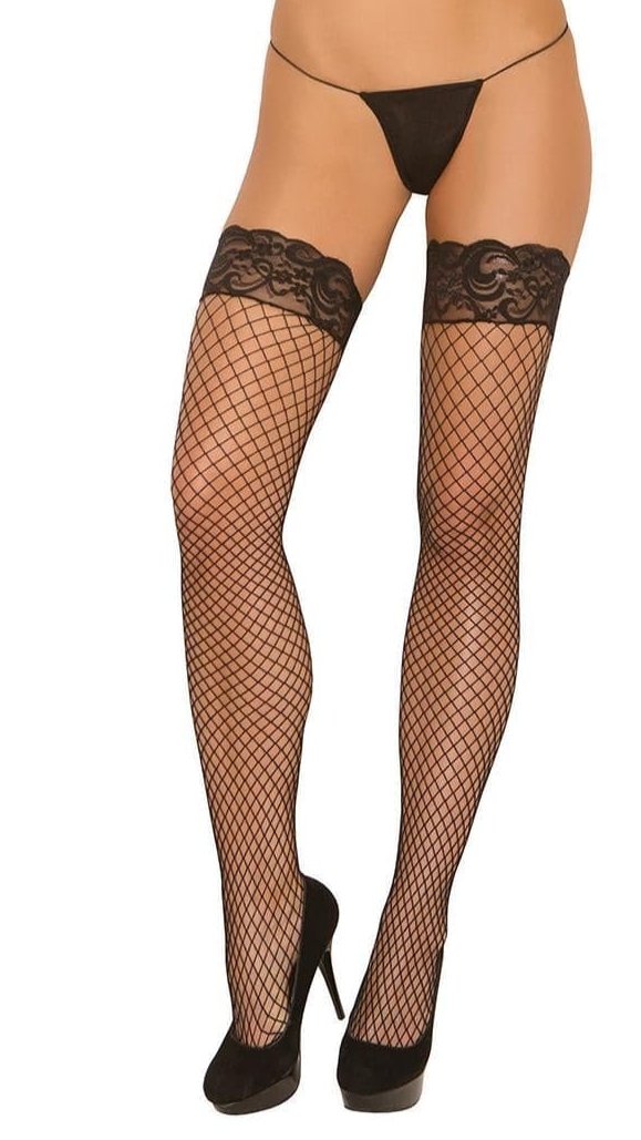 Woman modeling Plus Size Stay Up Diamond Net Thigh High Stockings with silicone lace top and fishnet design, showcasing a fashionable, secure fit.