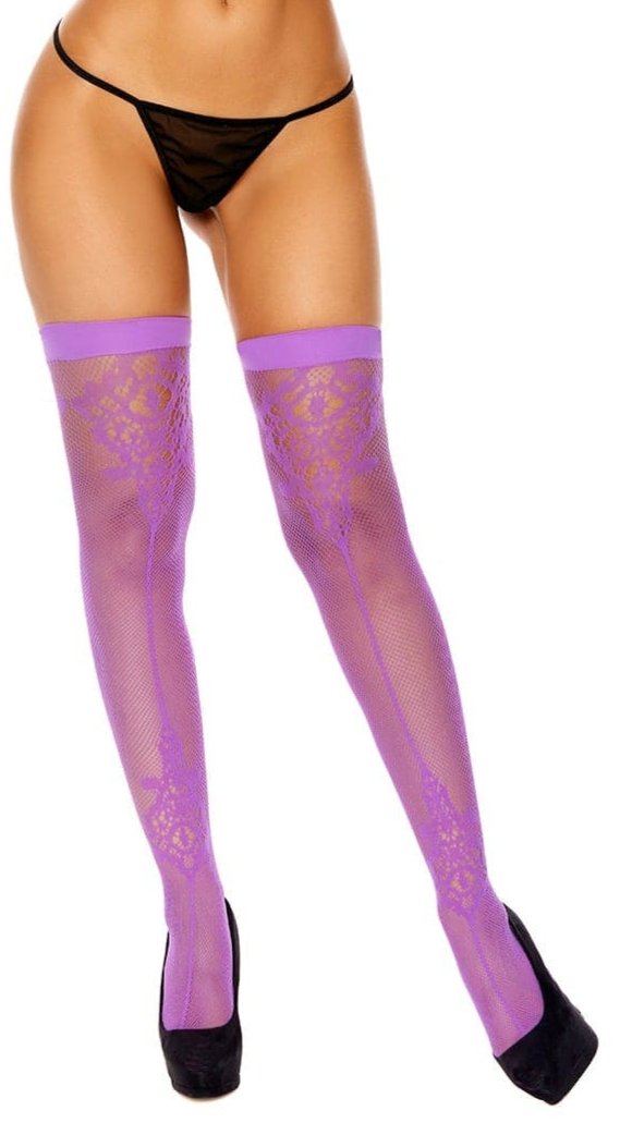 Woman modeling Purple Fishnet Thigh High Stockings with Lace Pattern, showcasing stylish fishnet design and intricate lace detailing, perfect for vibrant lingerie or festival attire.