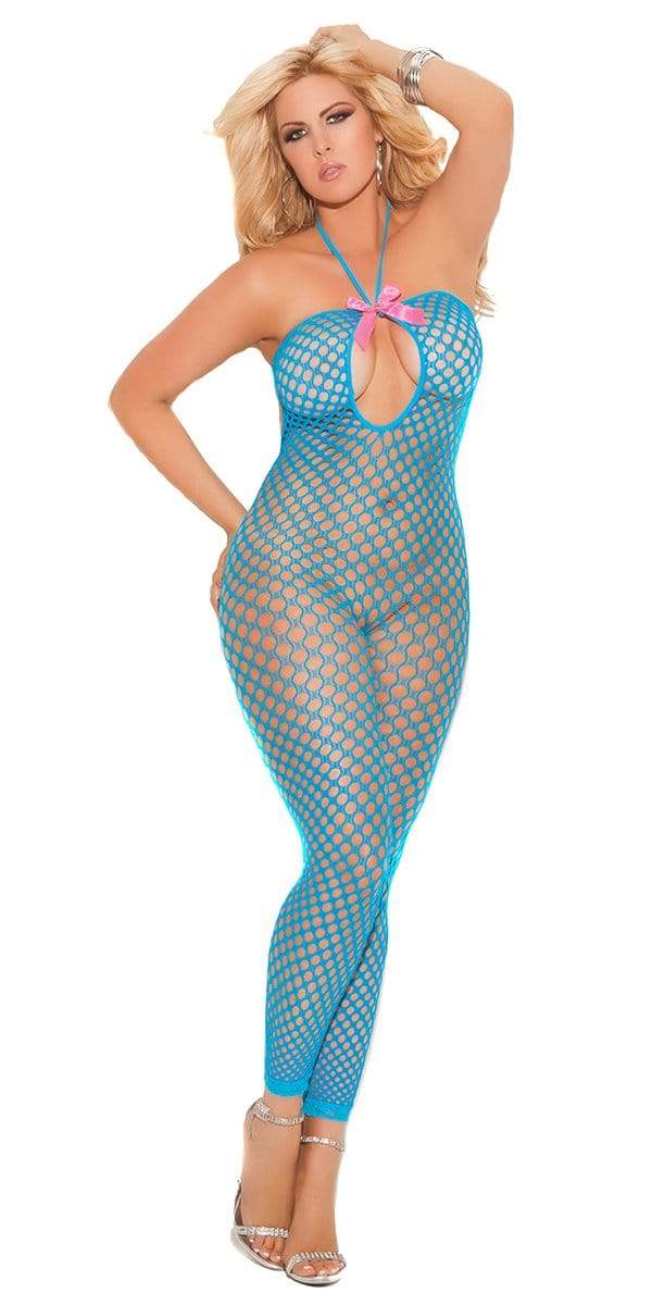 Woman modeling Queen Size Cayman Island Crochet Bodystocking, showcasing its fishnet design, decorative neck straps, and open crotch detail, accentuated by high heels.
