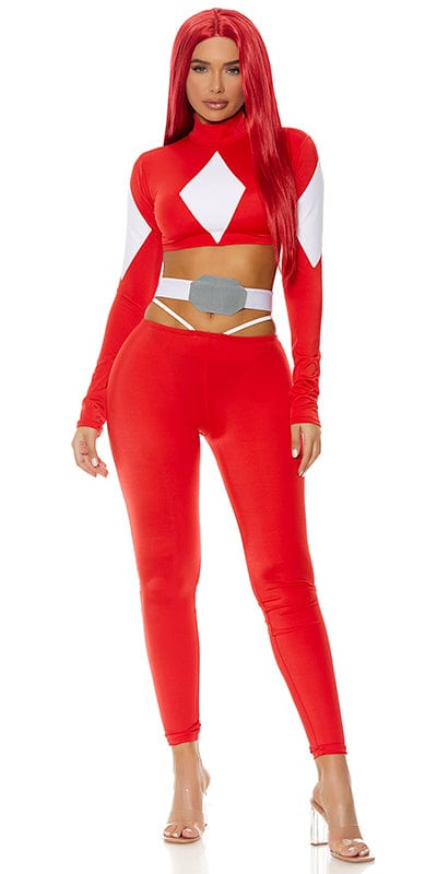 Woman wearing Red Ranger Costume, featuring a mock neck long sleeve crop top with geometric print, matching leggings, hip straps, and waist belt.