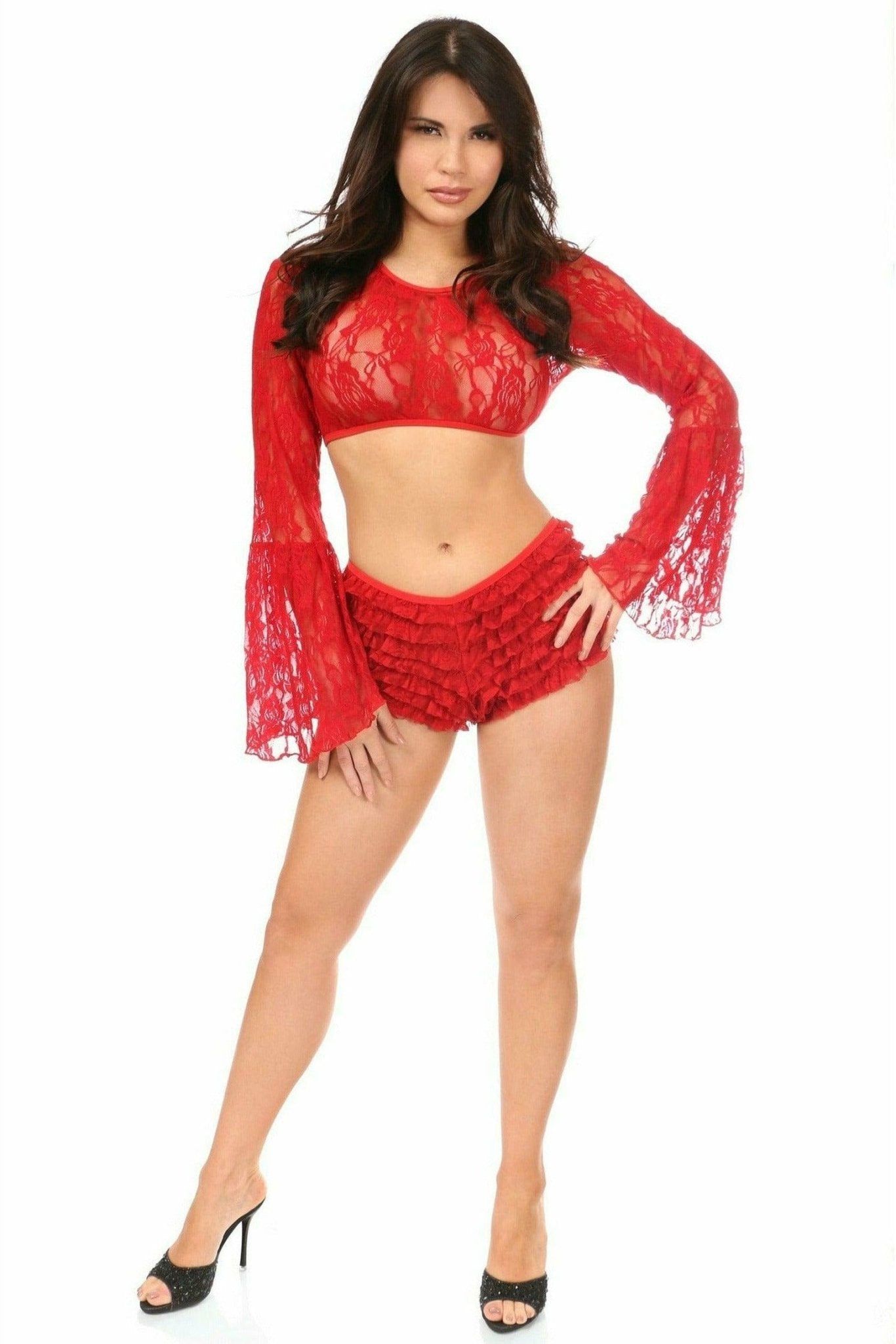 Red Sheer Lace Bell Sleeve Peasant Top Musotica.com