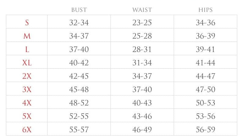 Corset size chart with bust, waist, and hips measurements for S–6X