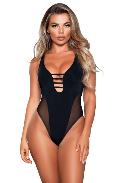Woman modeling the Sexy Ada Criss Cross Strap Plunge Mesh Swimsuit, featuring a deep plunge neckline and criss cross strap detail with mesh paneling.