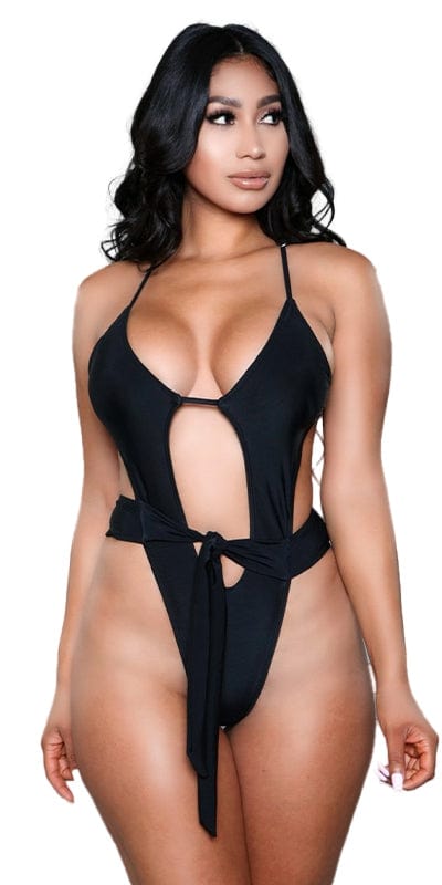 Woman modeling Sexy Adriana Racerback High Cut Leg Swimsuit, featuring a high cut waist and legs, adjustable straps, and midsection cutout.
