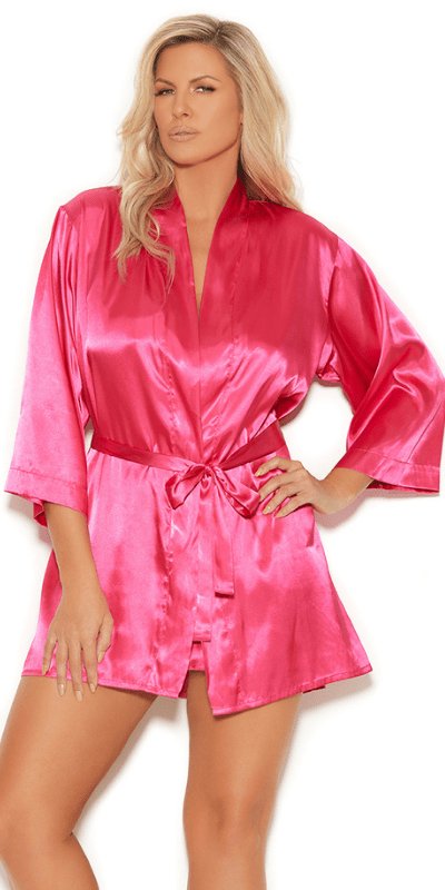 Woman modeling the Sexy Amour Plus Size Charmeuse 3/4 Sleeve Kimono Robe, showcasing its elegant drape and detachable belt, perfect for highlighting curves.