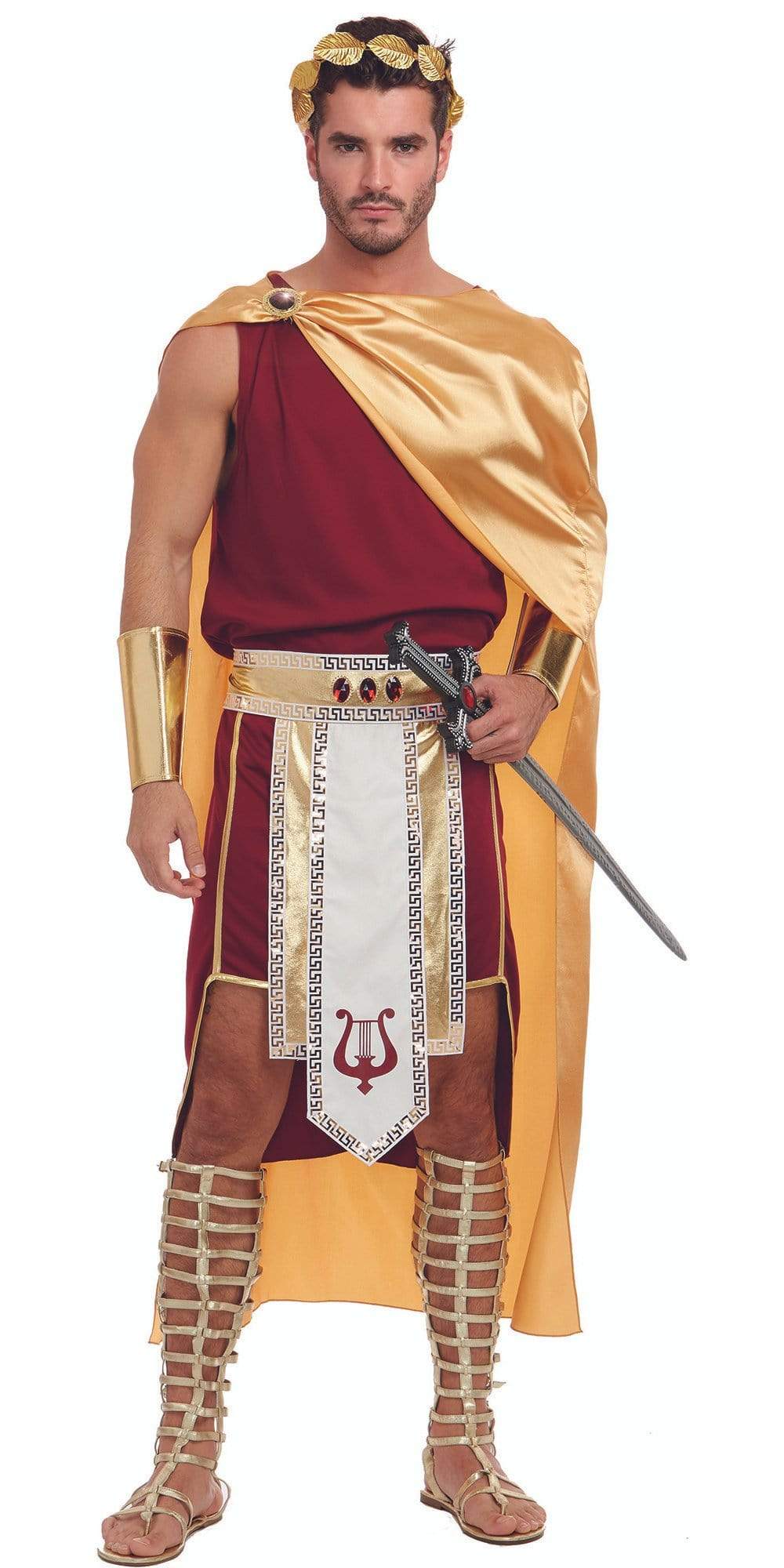 Men's Apollo-style costume with maroon and gold tunic, laurel headband, belt and sword