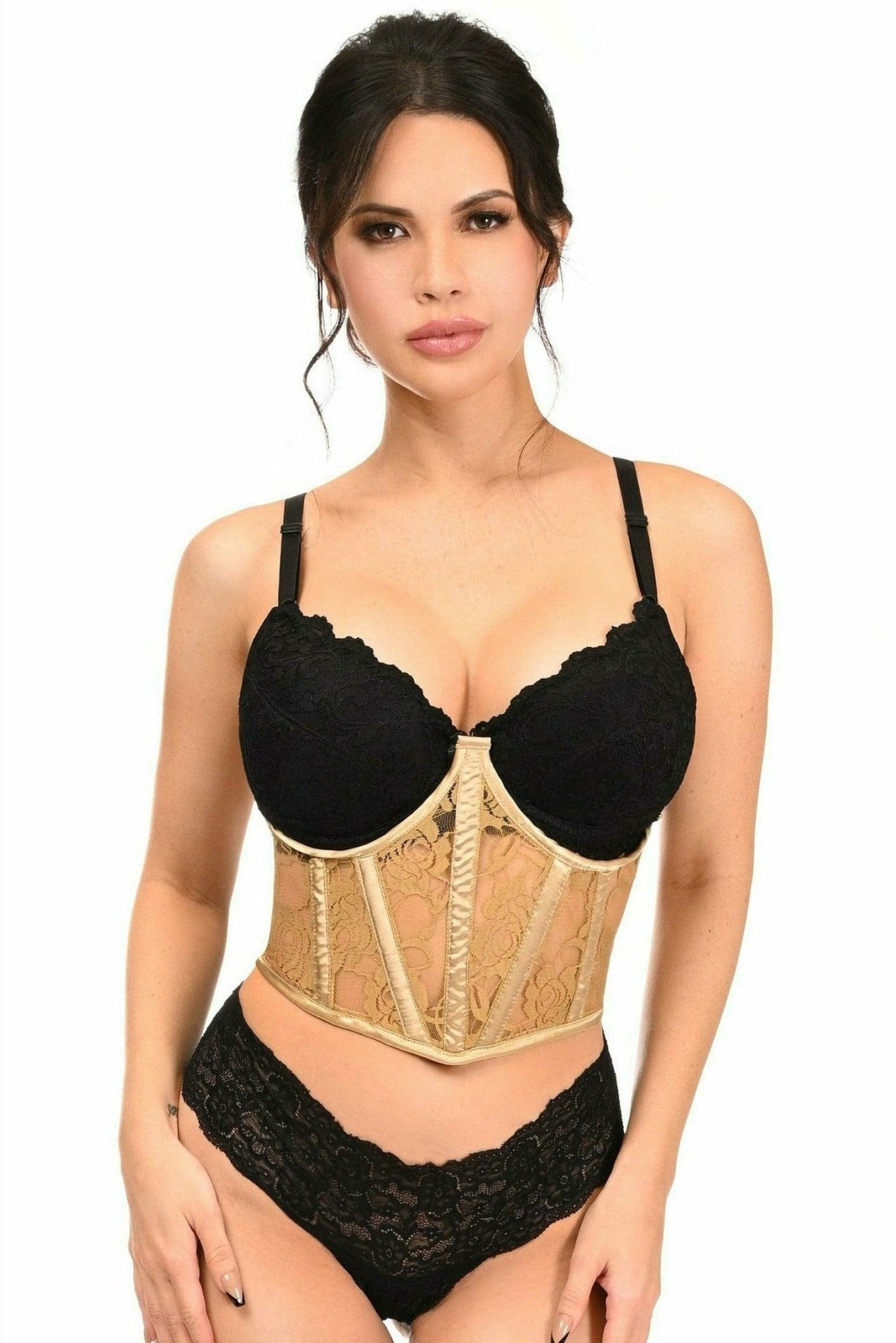 A woman models the Sexy Beige Sheer Lace Underwire Waist Cincher Corset, featuring lace fabric, underwire, and supportive bones for a flattering fit.