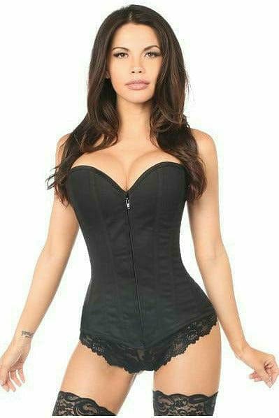 Woman modeling the Sexy Black Cotton Overbust Corset, showcasing its snug fit with visible boning and elegant design, emphasizing luxury and functionality.