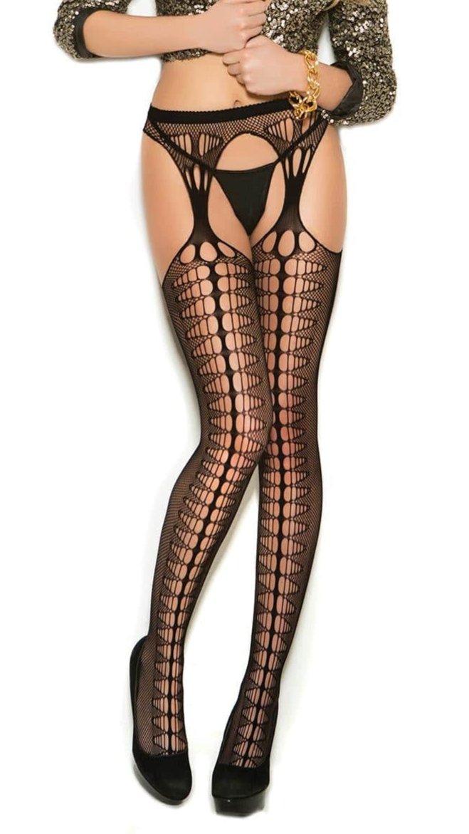 Sexy Black Crochet Suspender Pantyhose displayed on a model, showcasing intricate design with black fishnet texture, emphasizing comfort and style. Top and G-string not included.