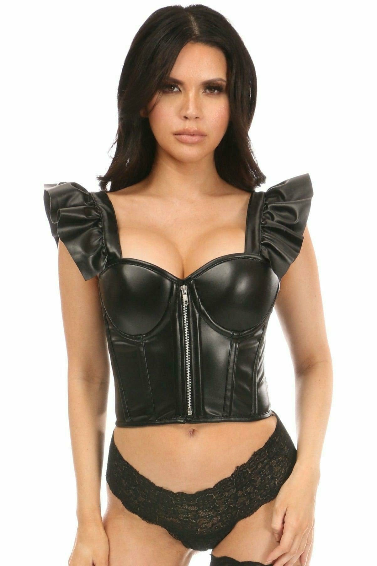 Woman modeling the Sexy Black Faux Leather Bustier Top with Ruffle Sleeves, featuring molded cups, front zipper, and adjustable straps for a festival look.