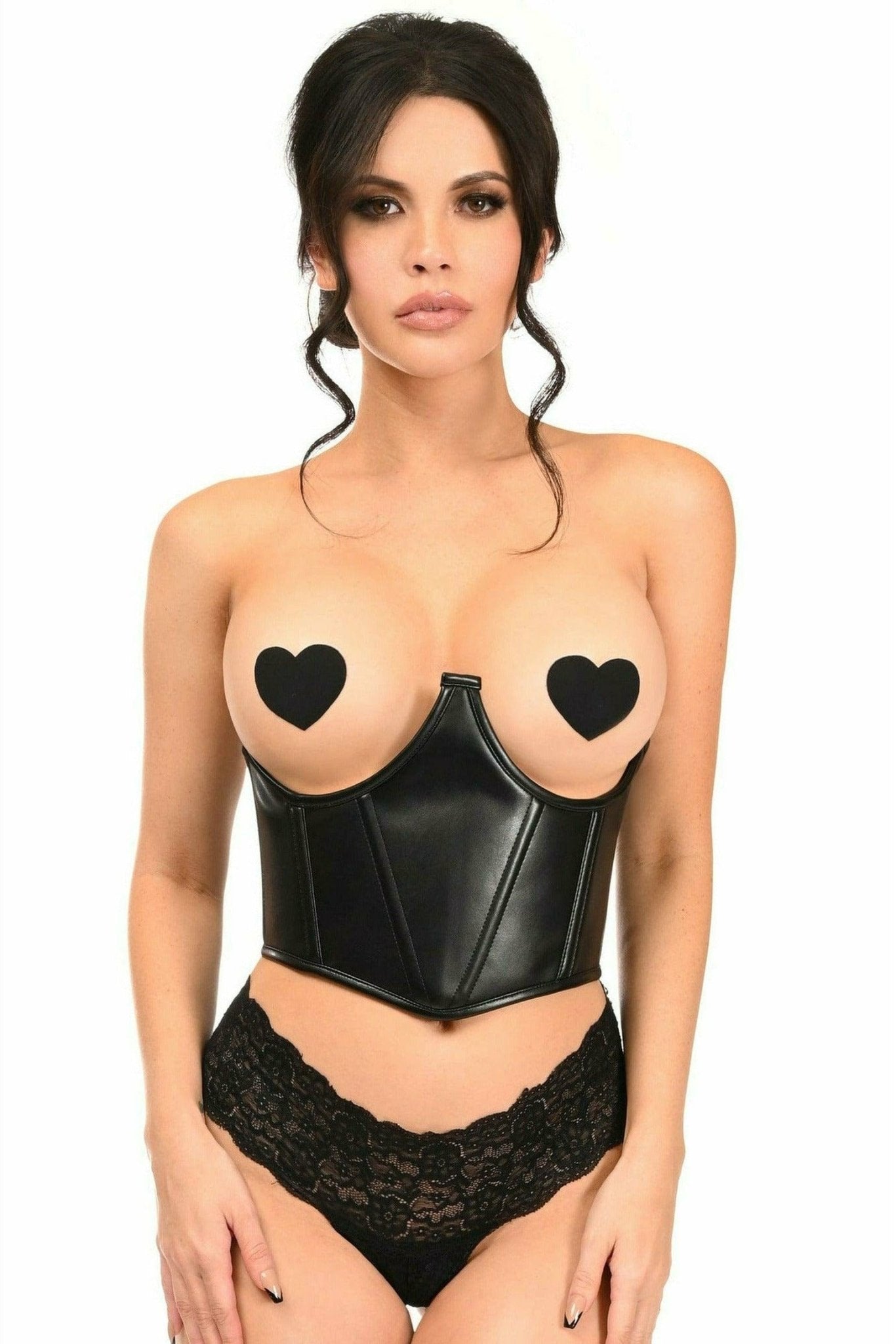 Woman modeling the Sexy Black Faux Leather Underwire Cincher Corset, highlighting its lace-up back and figure-enhancing design with underwire support and boning.