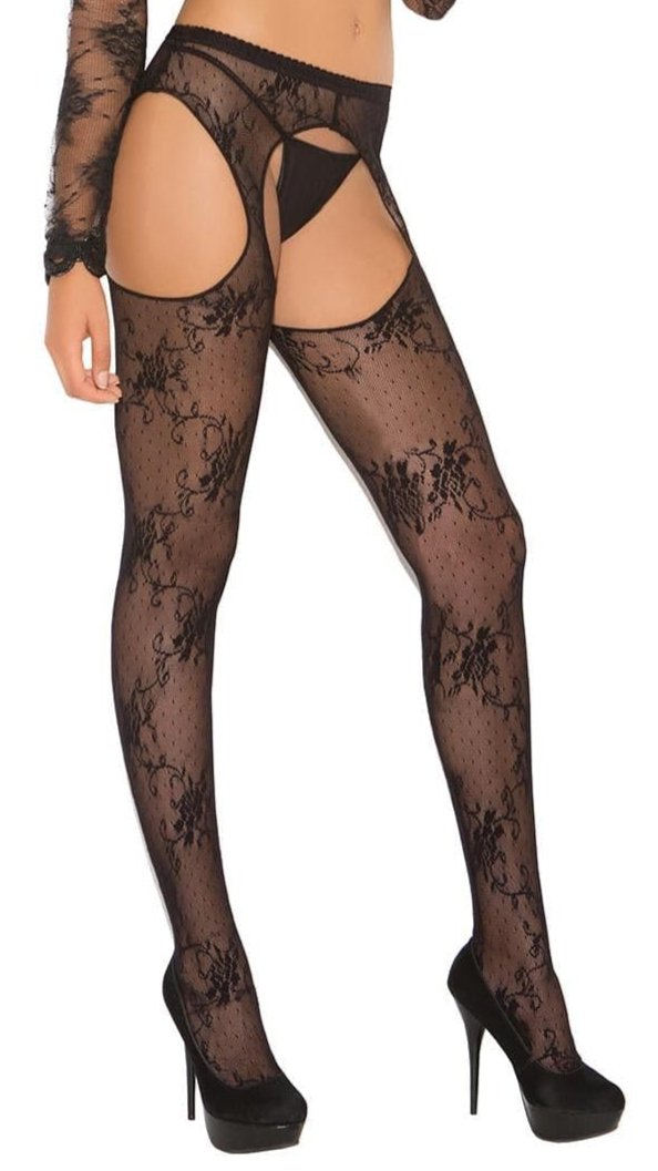 Woman modeling Sexy Black Lace Suspender Pantyhose, showcasing intricate lace design and attached garters, paired with black high heels for an elegant, seductive look.