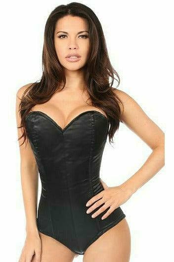 Woman modeling a Sexy Black Satin Corset Romper with side zipper and back lacing, featuring a structured fit for a flattering silhouette.