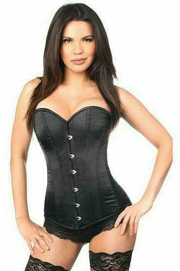 Sexy Black Satin Overbust Corset with Busk Closure worn by model, highlighting its contoured fit, front busk, and adjustable back with thick cording.