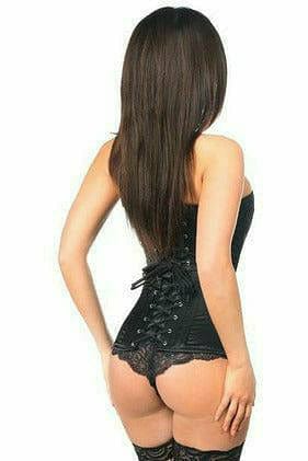 Sexy Black Satin Overbust Corset with Busk Closure Musotica.com