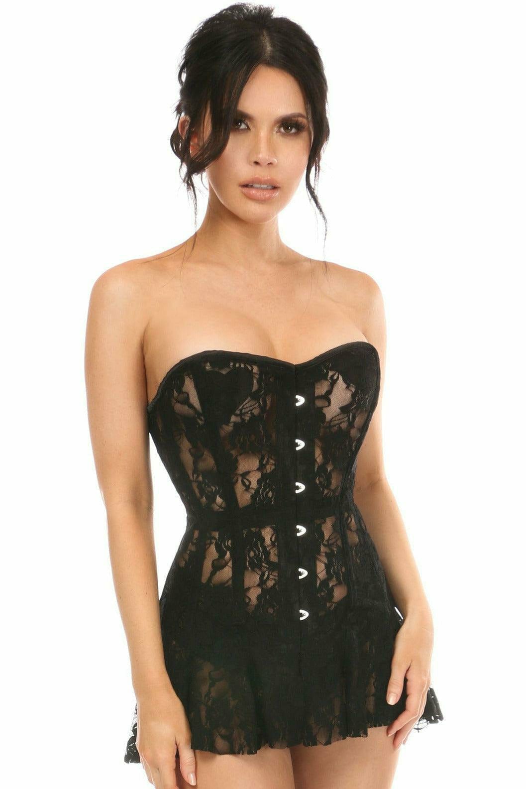 Sexy Black Sheer Lace Corset Dress worn by a model, showcasing lace detail, front busk closure, and back cording for a luxurious lingerie look.